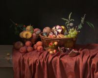 Table de fruits sur une nappe rouge